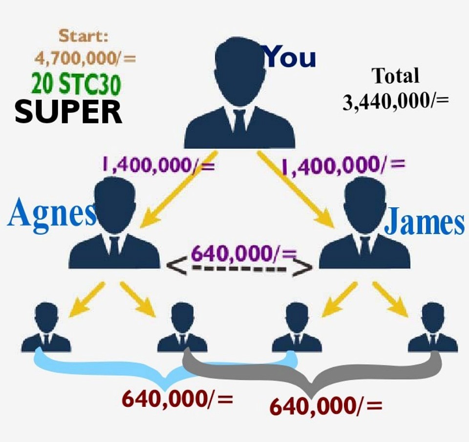 Using the Super package example, if you join with the capital of shs 4,700,000, they will give you 20 boxes of stc30 and an account which has 2 sides (left and right). You will earn shs. 1,400,000 after you have signed up a first person on left to partner with you, you will also earn shs.1,400,000 on the last one on right. It is called direct referral bonus So, here, when they also do what you do, you will earn shs. 640,000 on every pair in their systems. This goes downwards forever. It is called Pairing bonus.ππππππ